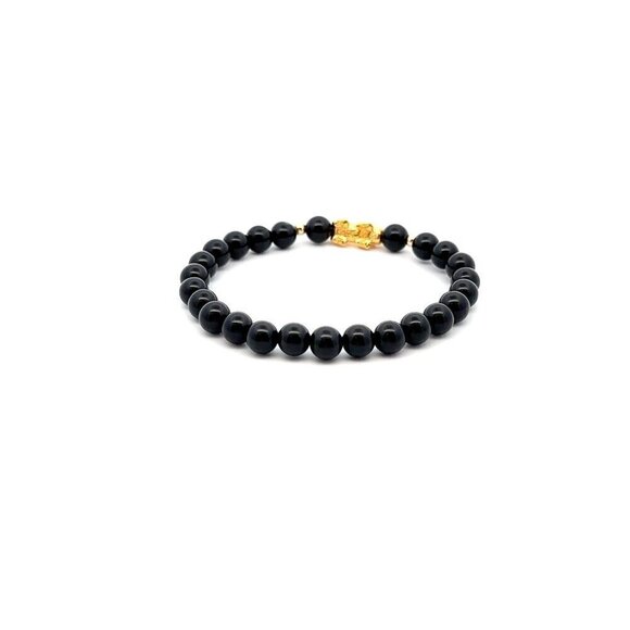 18K Gold Dragon Pixiu Piyao Lucky Charm Beads Bracelet Gemstones Onyx 6mm Size 6 - Picture 4 of 5